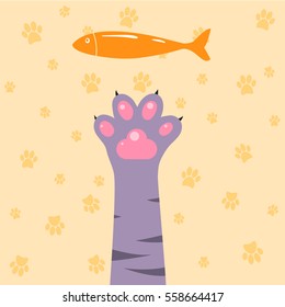 Vector flat wiolet cat leg with wiolet paw and orange paws pattern background