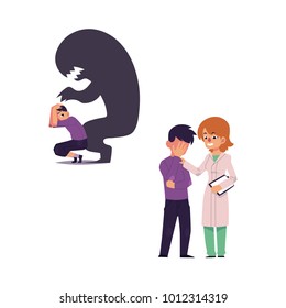 vector flat woman doctor with clipboard female mental specialist hugging man with depression, boy sitting with monster shadow behind suffering from fear. Isolated illustration on a white background