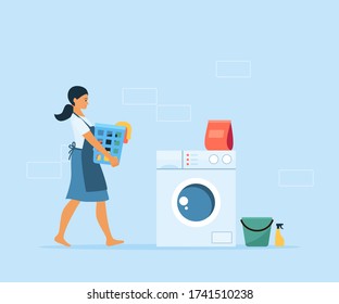 Vector flat woman doing housework at home laundry room with washing machine. Housewife carrying laundry basket.