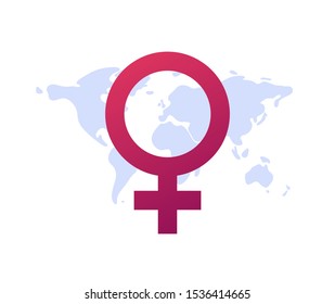 Vector flat woman empowerment illustration. Red female sign on global world map background. Concept of international feminism, march, sisterhood. Design element for banner, poster, web, infographics.