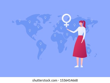 Vector flat woman empowerment illustration. Women in dress on global world map background. Concept of international feminism, march, sisterhood. Design element for banner, poster, web, infographics.