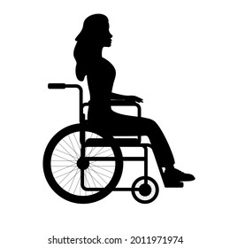 Vector flat woman girl sitting in invalid wheelchair silhouette isolated on white background