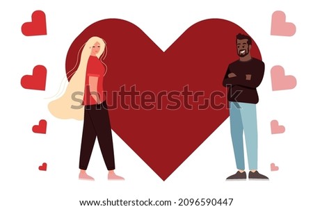 Vector flat woman and man with heart. Love at first sight. Valentine's Day