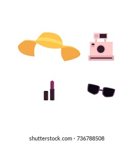 vector flat woman outfit apparel set. Yellow summer hat, sunglasses vintage instant camera, pomade. Fashionable trendy Isolated illustration on a white background.