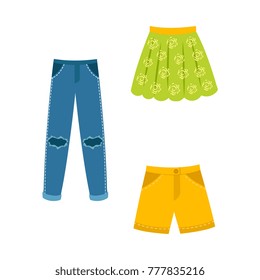 vector flat woman outfit apparel set. Summer light green skirt with flowers print, yellow shorts, denim shabby jeans with holes. Fashionable trendy Isolated illustration on a white background.