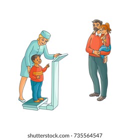 vector flat Woman pediatrician and teen kids scenes set. Female doctor measuring the weight of boy child, father holding teen girl in hands. Isolated illustration on a white background