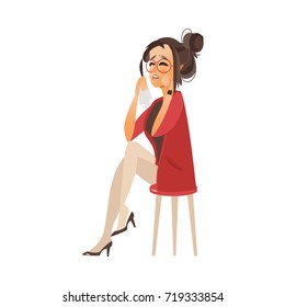 vector flat woman in red glasses, dress heeled crying sitting at chair. Unhappy female character suffering from frustration, grief. Isolated illustration on a white background. Mental illness concept