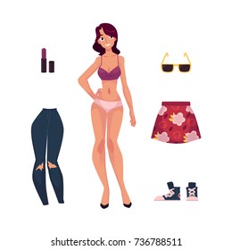 vector flat woman and summer outfit set. Summer skirt, sunglasses denim jeans, pomade and vintage sneakers. Fashionable trendy style female clothing. Isolated illustration on a white background.