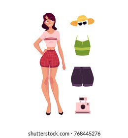 vector flat woman and summer outfit set. Summer hat, sunglasses shorts, shirt and instant vintage camera. Fashionable trendy style female clothing. Isolated illustration on a white background.