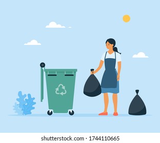  Vector flat woman throwing garbage in dustbin. Illustration of sorting waste on neutral background