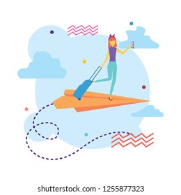 Vector flat woman vacation with baggage flies on a paper airplane. Summer concept web infographic 