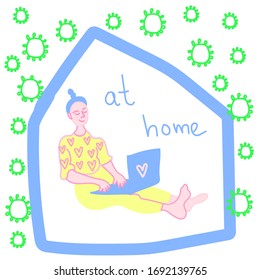 A vector flat woman at work with a laptop. A freelance worker working while quarantined at home in gentle shades of pink, yellow and turquoise. Design for banners, layouts, web, social networks.