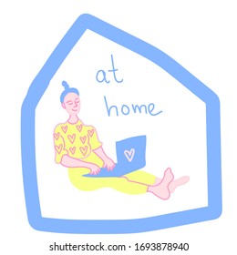 Mujer vectorial trabajando con una laptop. Trabajador independiente trabajando en cuarentena en casa en tonos suaves de rosa, amarillo y turquesa. Diseño para banners, ayouts, web, redes sociales, publicidad.