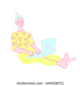 A vector flat woman at work with a laptop. A freelance worker working while quarantined at home in gentle shades of pink, yellow and turquoise. Design for banners, layouts,web,social networks.