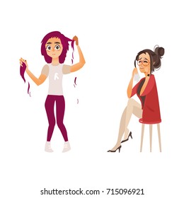 vector flat women suffering from mental illness set. Hair loss problem, depression grief. female characters plucking her pink hair out, another one crying. Isolated illustration on a white background.