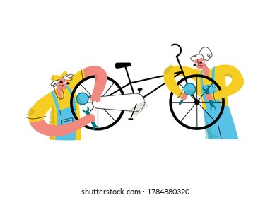 Vector flat workers performing diagnostics with magnifying glass, repairing Bicycle with wrench. Vehicles repair and maintenance concept. It can be used in advertising, banners, web design, etc.