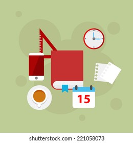 Vector flat workplace with book and other elements