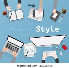 Vector flat workplace of designer with devices illustration