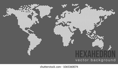 Vector flat world map with Atlantic Ocean in the design of points of hexagons. Planet Earth background banner. All the continents of the world in one picture.