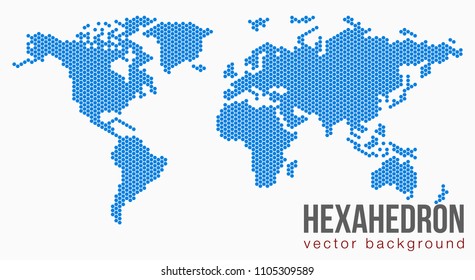 Vector flat world map with Atlantic Ocean in the design of points of hexagons. Planet Earth background banner. All the continents of the world in one picture.