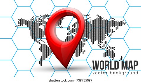 Vector flat world map with Atlantic Ocean in the design of points of hexagons. Planet Earth background banner. All the continents of the world in one picture.