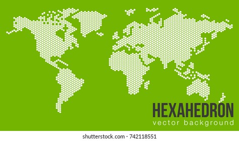 Vector flat world map with Atlantic Ocean in the design of points of hexagons. Planet Earth background banner. All the continents of the world in one picture.