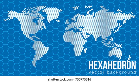 Vector flat world map with Atlantic Ocean in the design of points of hexagons. Planet Earth background banner. All the continents of the world in one picture.
