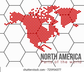 Vector flat world map with North America in the design of points of hexagons.