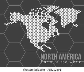 Vector flat world map with North America in the design of points of hexagons.
