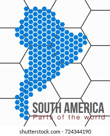 Vector flat world map with South America in the design of points of hexagons.