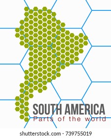 Vector flat world map with South America in the design of points of hexagons.