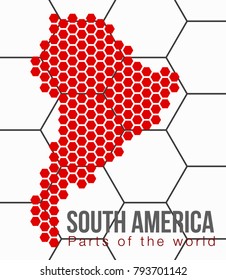 Vector flat world map with South America in the design of points of hexagons.