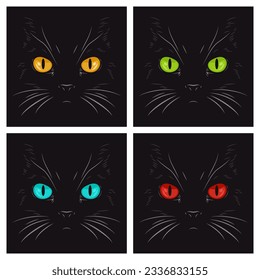 Vector Llano Amarillo, Verde, Azul, Ojo de Gatos Rojos de un gato negro en la oscuridad, de noche. Cara de gato con Sí, Nariz, Whiskers en negro. El cierre del gato mira en la oscuridad. Vista frontal