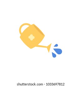 Vector flat yellow watering can with pouring water icon. Isolated illustration with gardening irrigation equipment for plant, flowers watering. ecology growth environment symbol on white background.