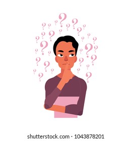 Vector flat young adult man in casual clothing jeans standing in thoughtful pose with cane holding his chin thinking with questions above head. Isolated illustration, white background