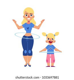 Vector flat young blonde girl kid and adult woman doing hula hoop rotating workout exercises. Active lifestyle female character doing sport. Isolated white background illustration