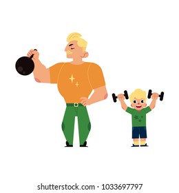 Vector flat young blonde kid boy, adult father man in casual clothing doing dumbbells kettlebell workout exercises. Active lifestyle male family character doing sport. Isolated background illustration