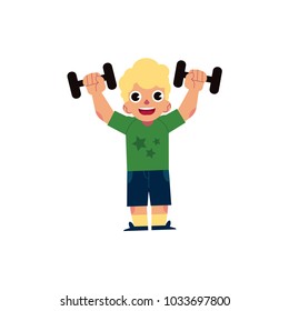 Vector flat young blonde kid boy, man in casual clothing doing dumbbells workout exercises. Active lifestyle male character doing sport. Isolated background illustration