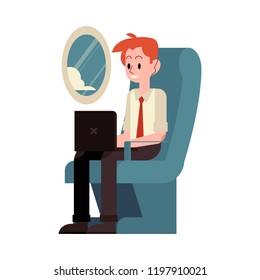 Vector flat young businessman working typing at laptop sitting at passanger seat in airplane in business flight, Male character using computer onboard during trip.