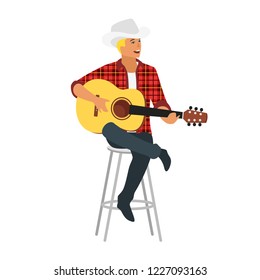 Vector flat young country style singer with guitar sitting on chair. Beautiful man character in cowboy hat. Minimalism design with people silhouettes.