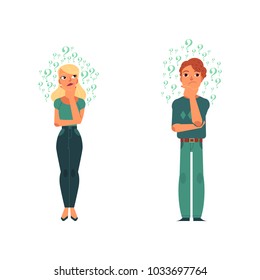 Vector flat young cute caucasian adult blonde woman, man casual clothing. Beautiful character standing thoughtful pose holding chin thinking with questions above head. Isolated background illustration