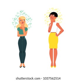 Vector flat young cute caucasian adult women in yellow skirt, jeans set. Beautiful characters standing thoughtful pose holding chin thinking with questions above head. Isolated background illustration