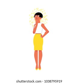 Vector flat young cute caucasian adult woman in yellow skirt. Beautiful character standing thoughtful pose holding chin thinking with questions above head. Isolated background illustration