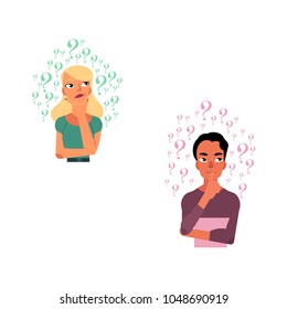 Vector flat young cute caucasian adult blonde woman, man casual clothing. Beautiful character standing thoughtful pose holding chin thinking with questions above head. Isolated background illustration