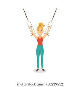 vector flat young cute woman, beautiful girl raising her crutches, concept of rehabilitation, physical cure and trauma recovery. isolated illustration on a white background.