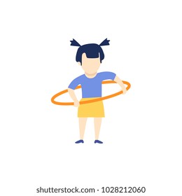 Vector flat young girl kid in athletic clothing doing hula hoop rotating workout exercises. Active lifestyle female character doing sport. Isolated white background illustration