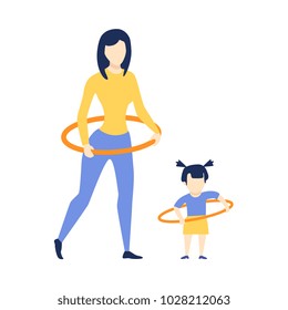 Vector flat young girl kid and adult woman in athletic clothing doing hula hoop rotating workout exercises. Active lifestyle female character doing sport. Isolated white background illustration