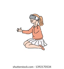 Vector flat young girl kid sitting in virtual reality headset exploring with surprised facial expression. Smiling female character in VR goggless enjoying cyberspace. Modern visual technologies