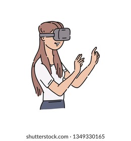 Vector flat young girl in virtual reality headset pointing something out with surprised facial expression. Smiling female character in VR goggles enjoying cyberspace. Modern visual technologies