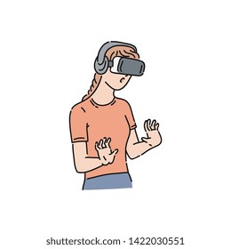 Vector flat young girl in virtual reality headset exploring something with surprised facial expression. Smiling female character in VR goggless enjoying cyberspace. Modern visual technologies concept.